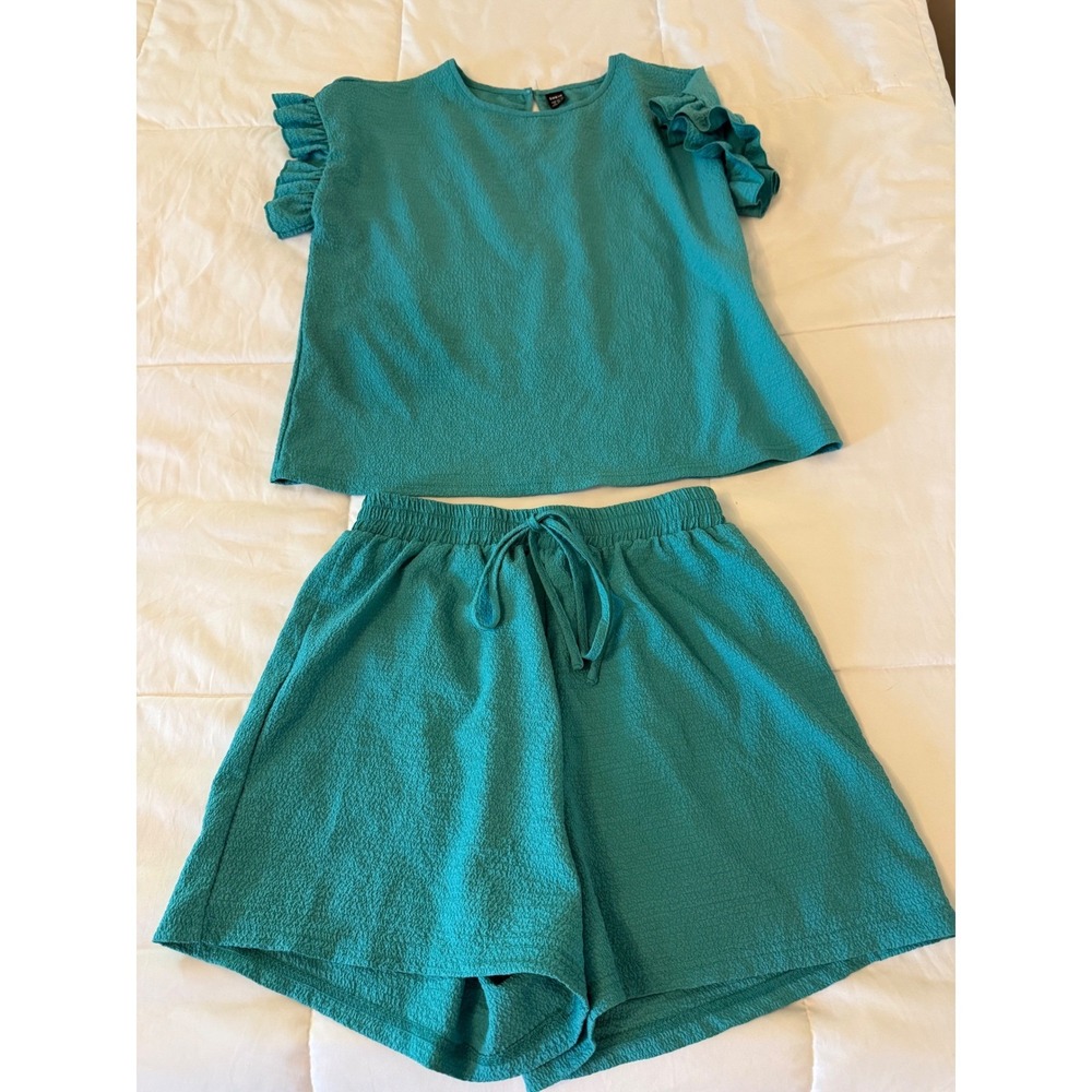 SHEIN Womens Teal Blue Textured 2 Piece Set Ruffle Sleeve Top and Shorts Size M